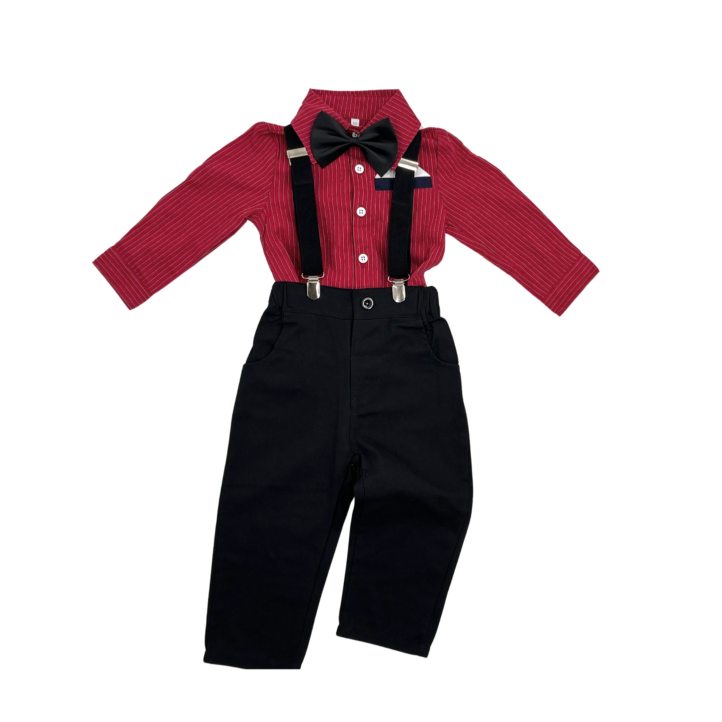 Boy's Red and Black 3-Piece Formal Suit Set: Suspenders, Bow Tie & Dress Shirt