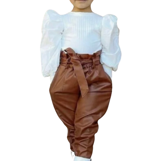 Girl's Brown Leather Pant Set