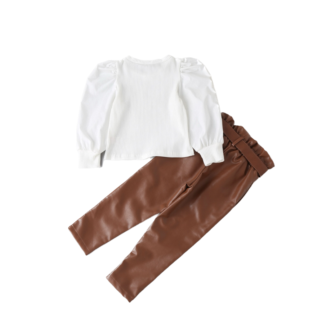 Girl's Brown Leather Pant Set