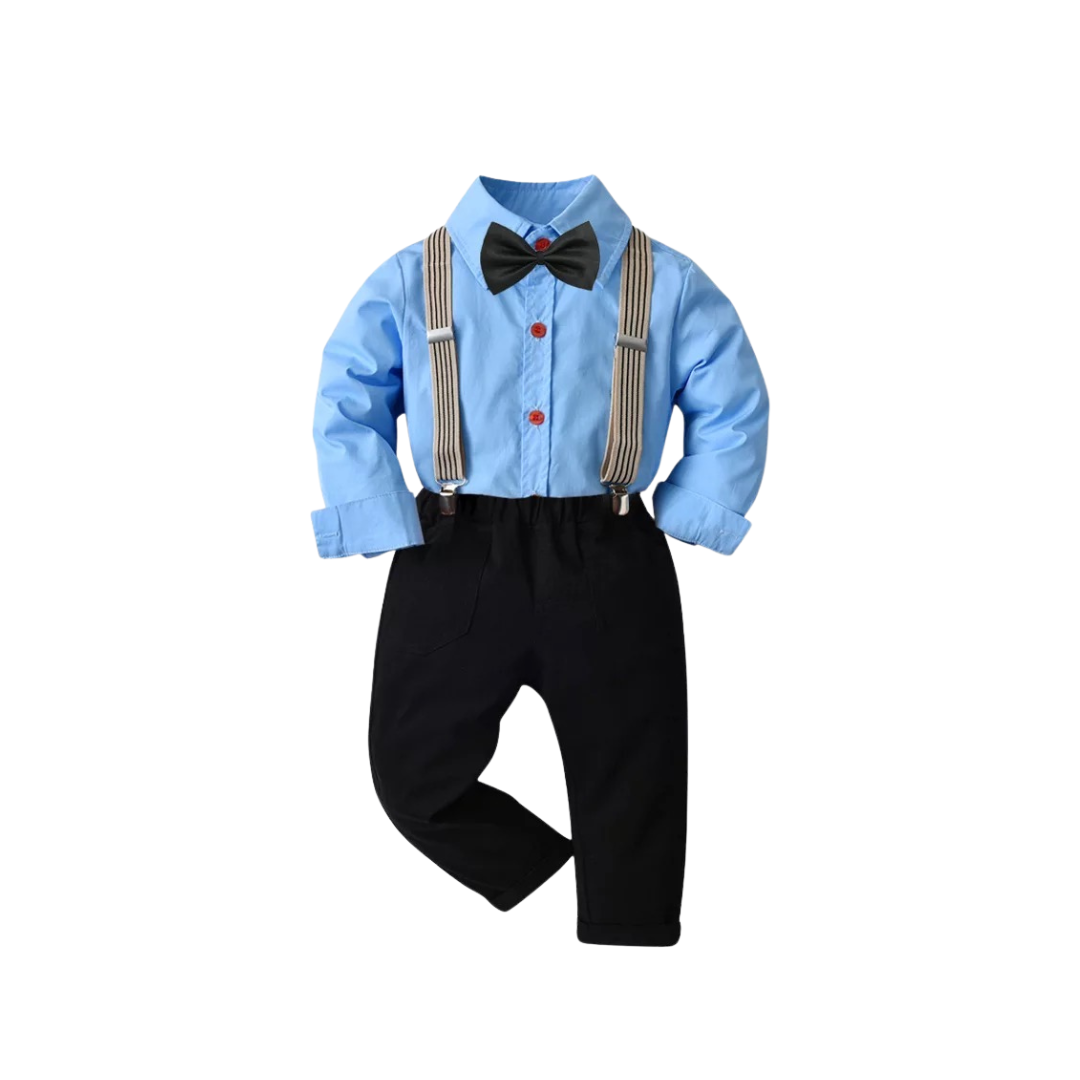 Boy's Blue 3-Piece Formal Suit Set: Suspenders, Bow Tie & Dress Shirt