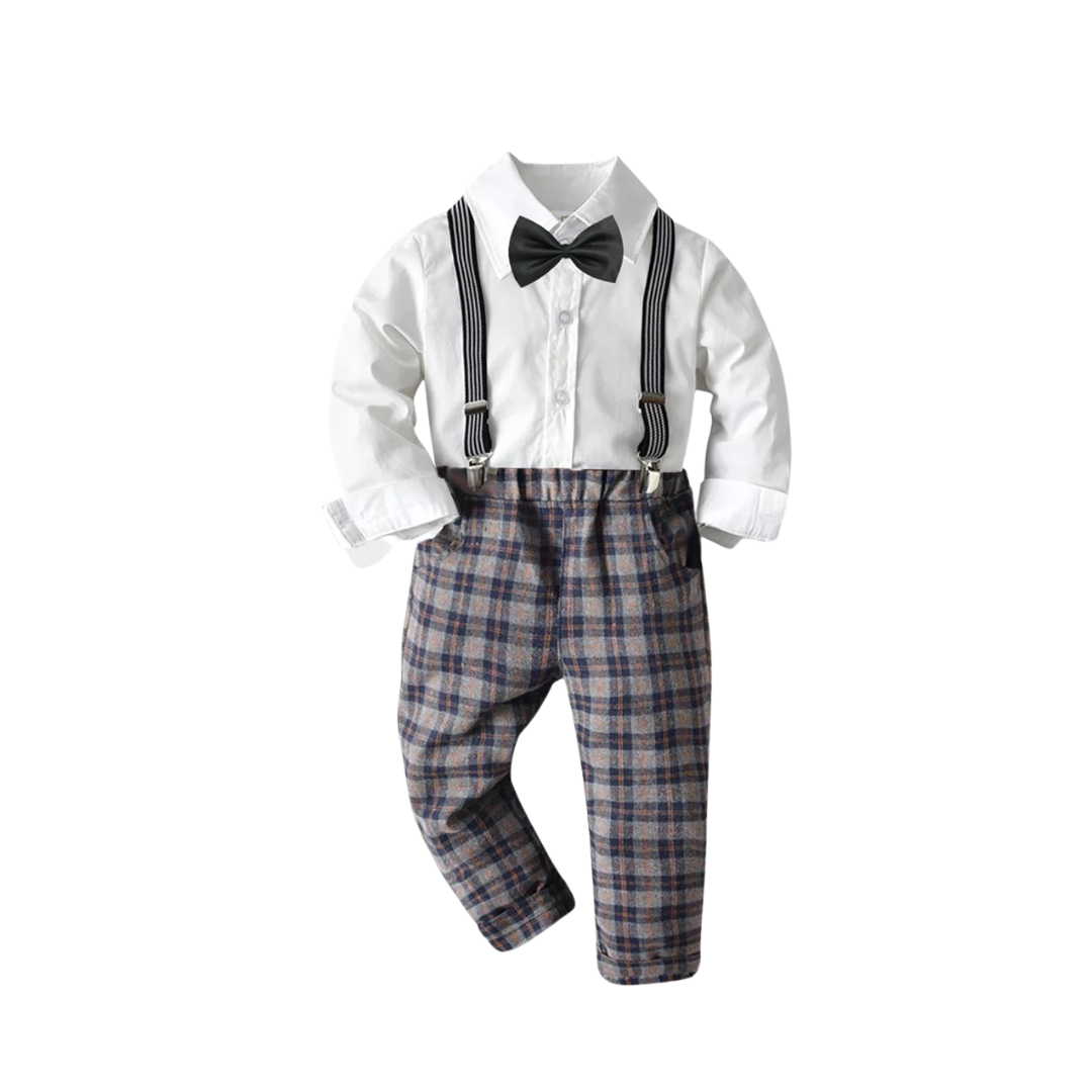 Boy's White and Plaid 3-Piece Formal Suit Set: Suspenders, Bow Tie & Dress Shirt