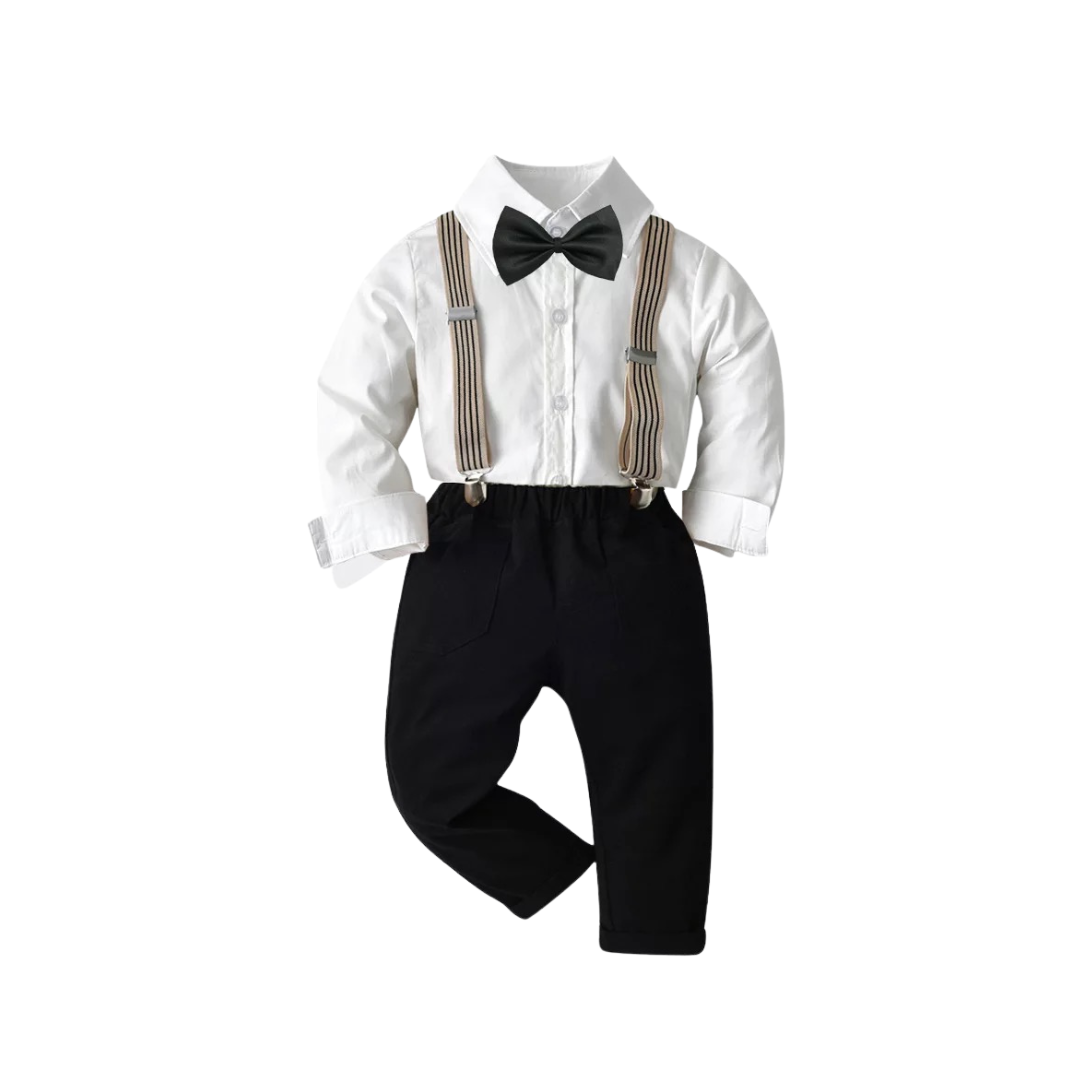 Boy's White and Black 3-Piece Formal Suit Set: Suspenders, Bow Tie & Dress Shirt